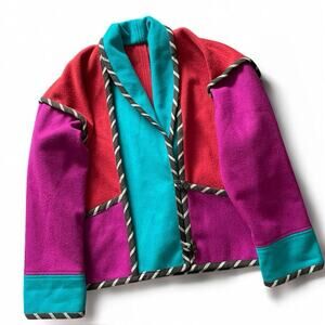 VTG 90s Handmade Colorblock Patchwork Wool Coat S/M Oversized USA Artsy Wacky